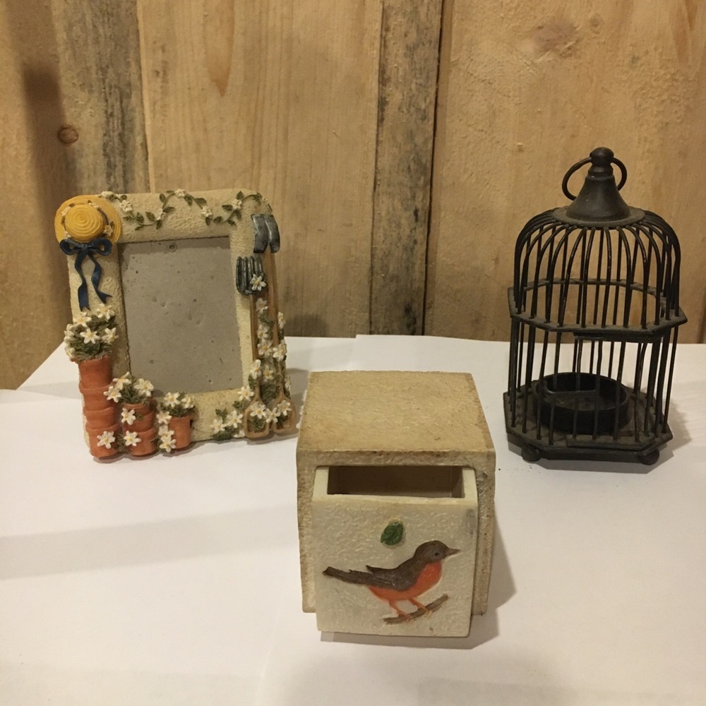 Bird cage, trinket holder, and small picture frame